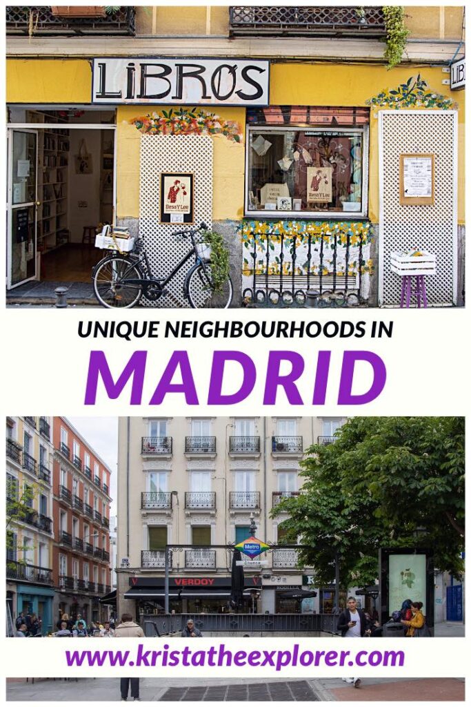 Old bookstore in Madrid and small plaza.