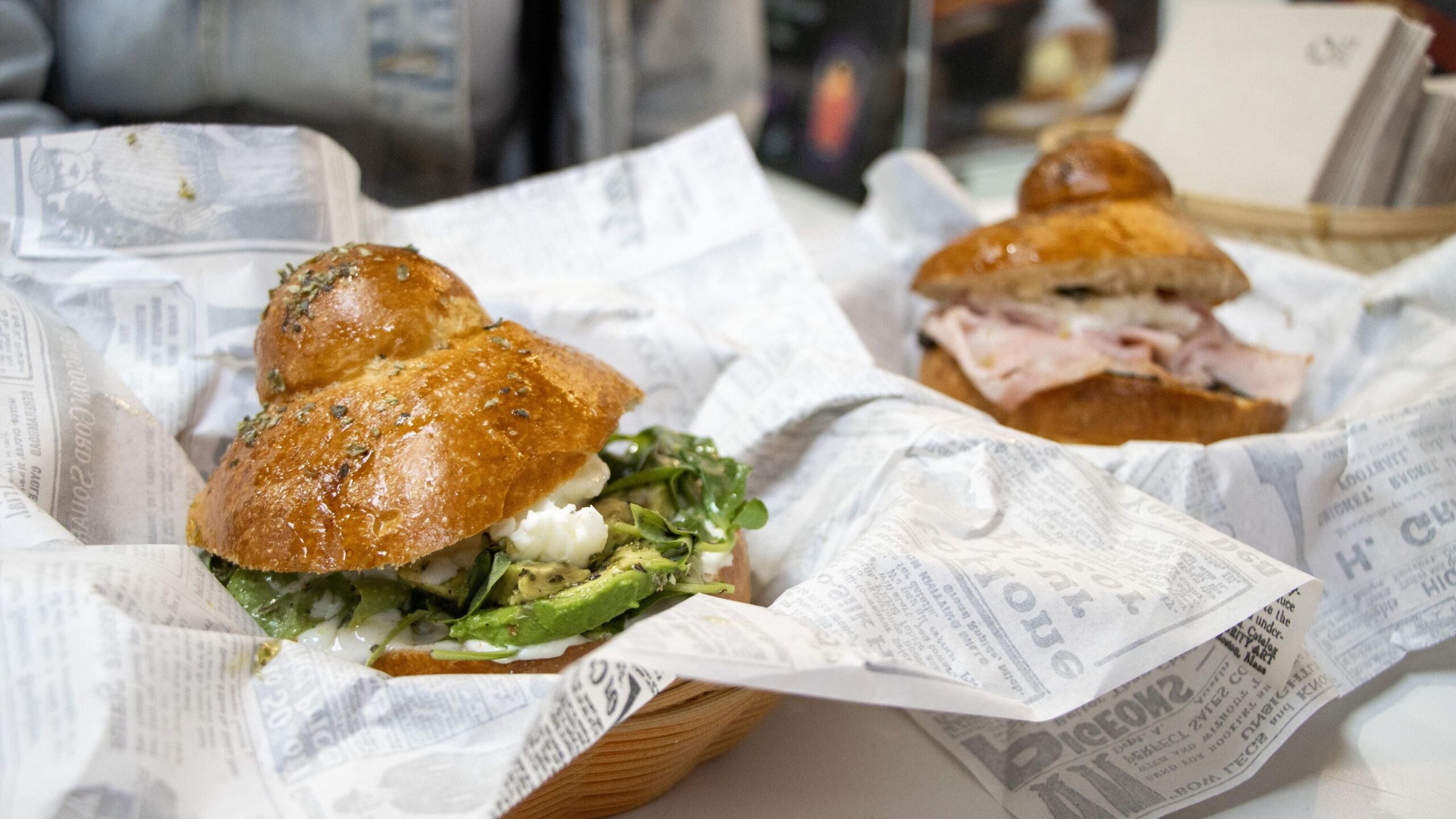 Two fresh sandwiches in market in Madrid.