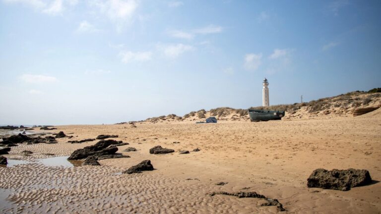 Sandy beach in front of historic lighthouse.