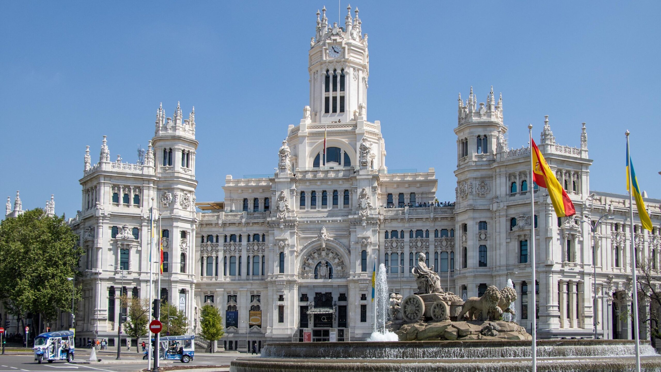 View of palace near roundabout in Madrid.