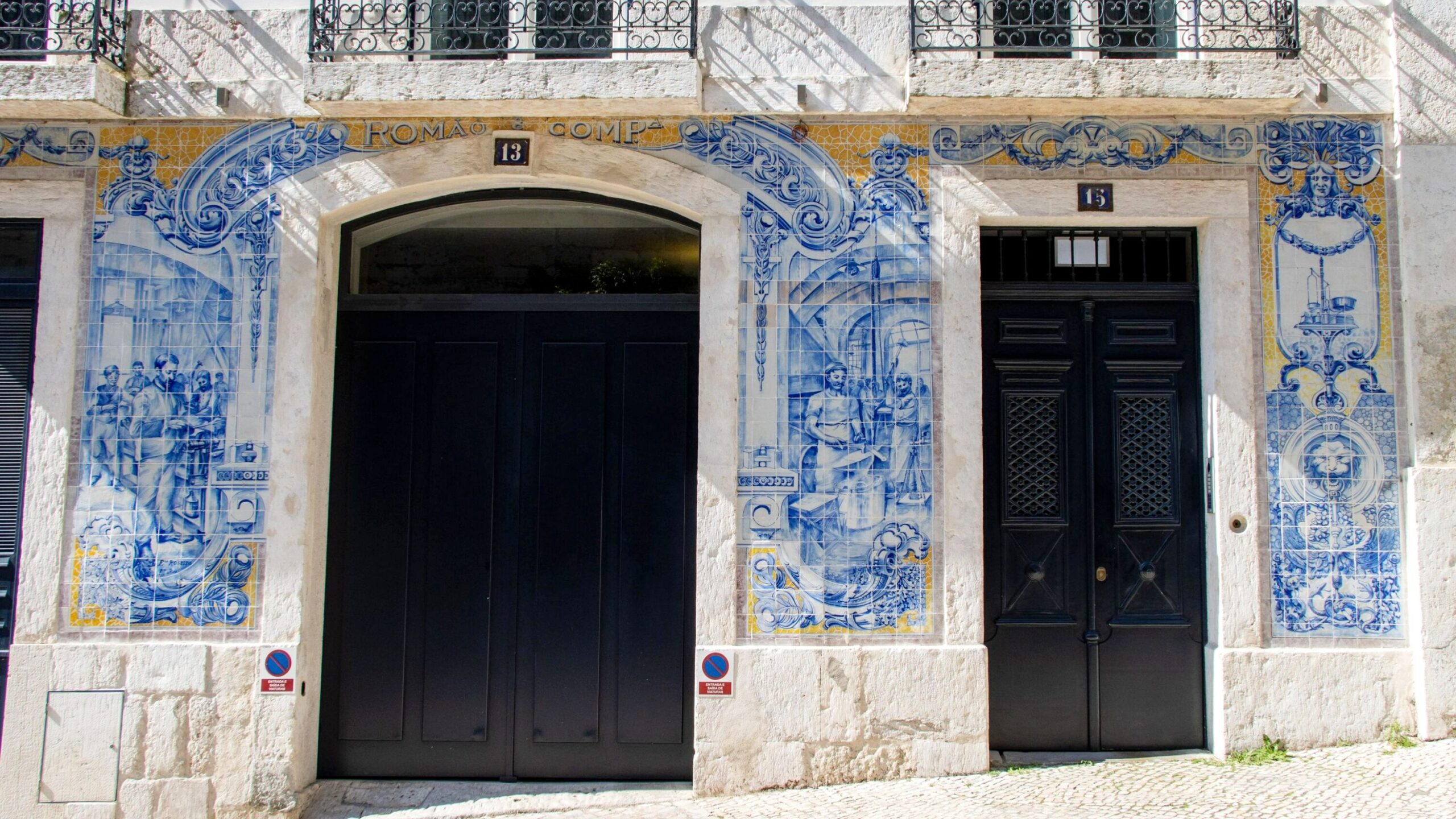 Blue tiles on building in Lisbon.