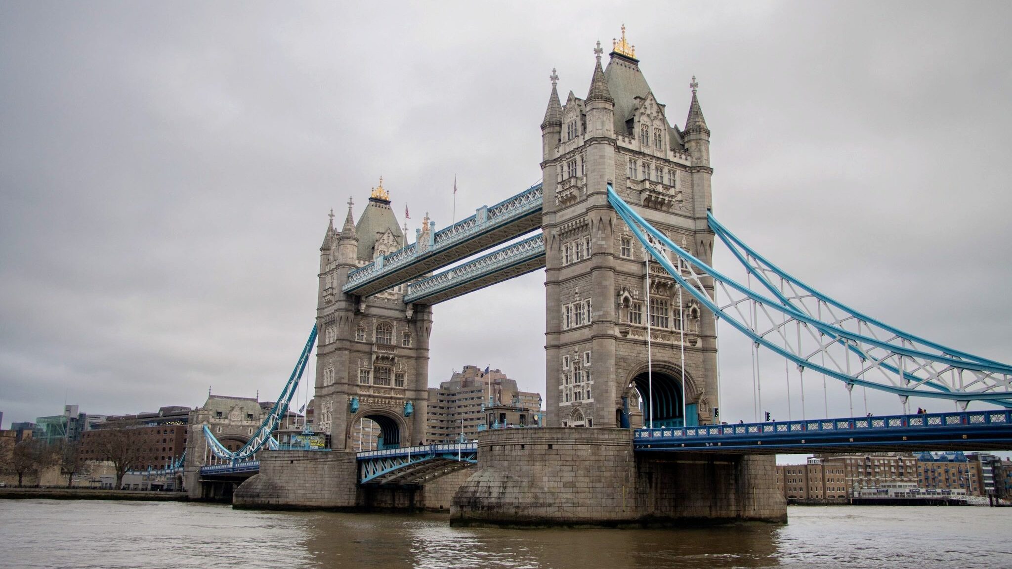 Tower Bridge in London on cloudy day.