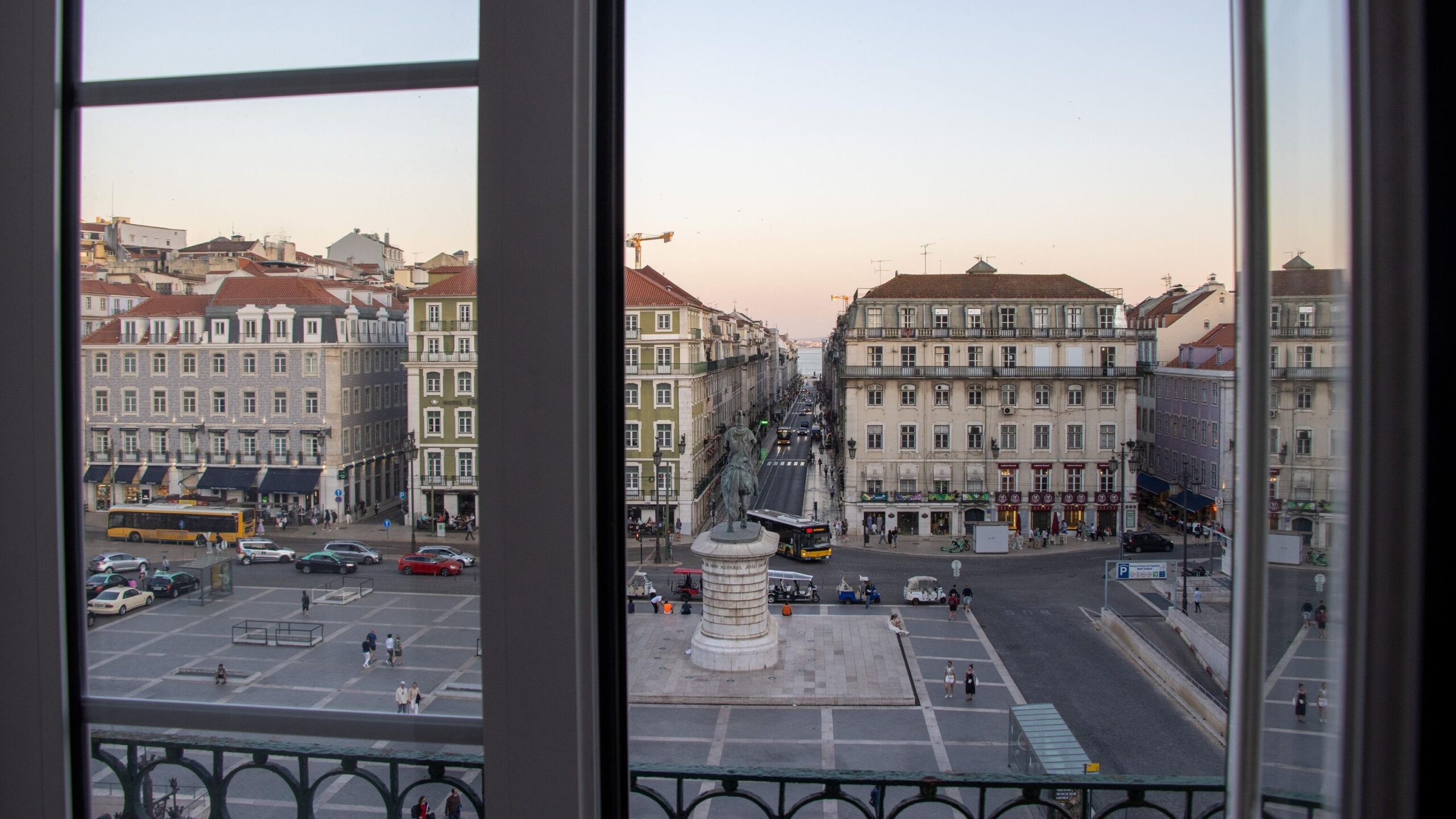 View of square in Lisbon from hotel balcony. 