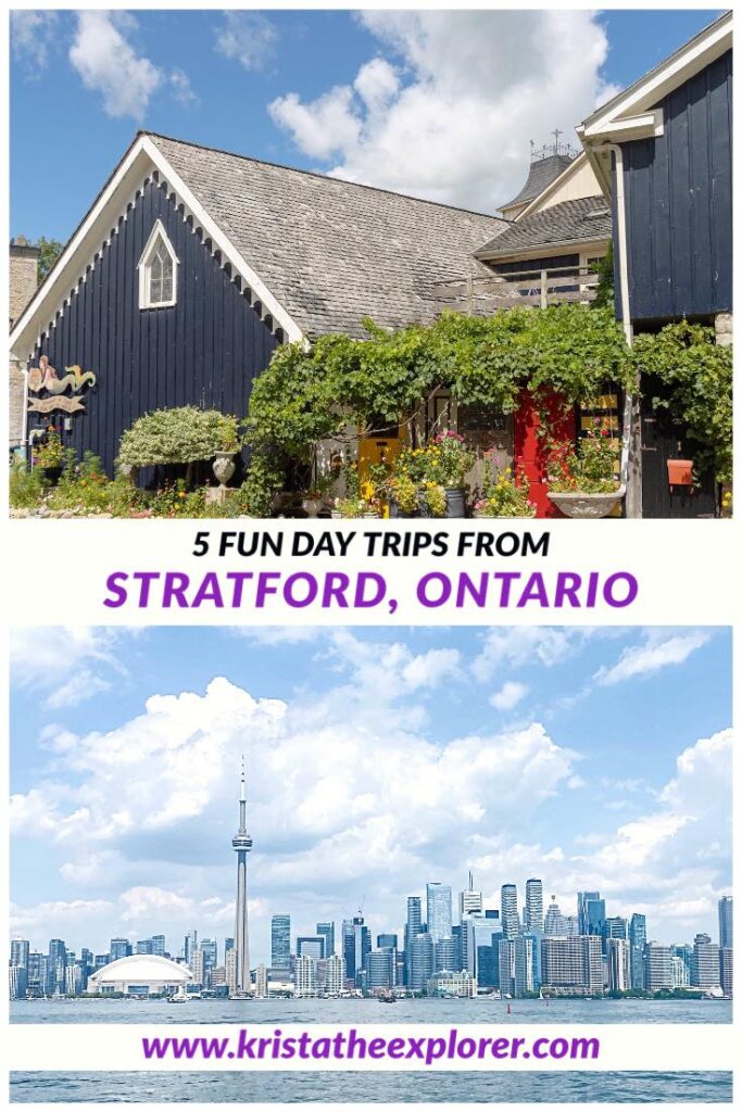 Toronto skyline and shopfront in small town.