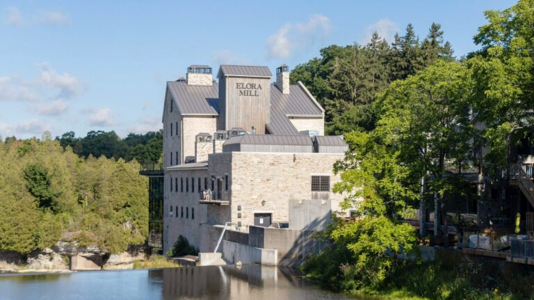 View of Elora Mills from across the water.