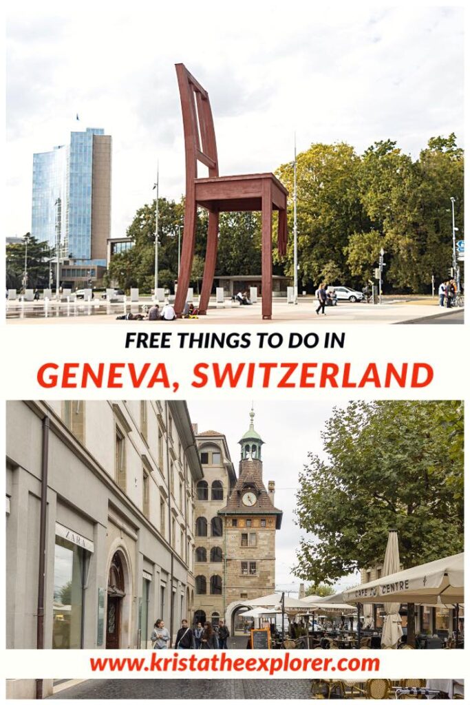 Broken chair statue and old town Geneva.