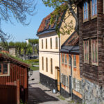 Outdoor museum with historic wooden buildings.