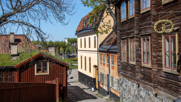 Outdoor museum with historic wooden buildings.