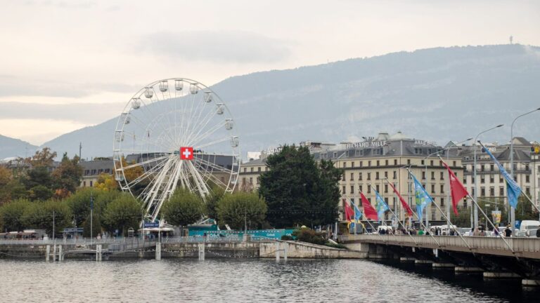 View of Lake Geneva with Ferris Wheel.