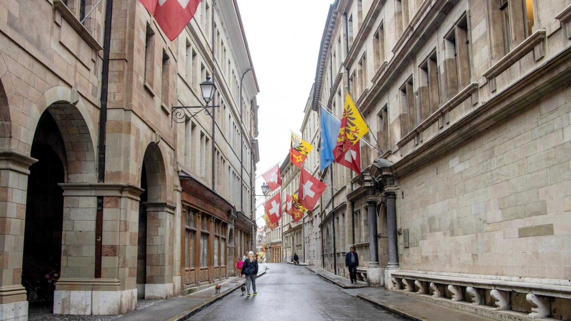 Street in Geneva's old town in the rain.