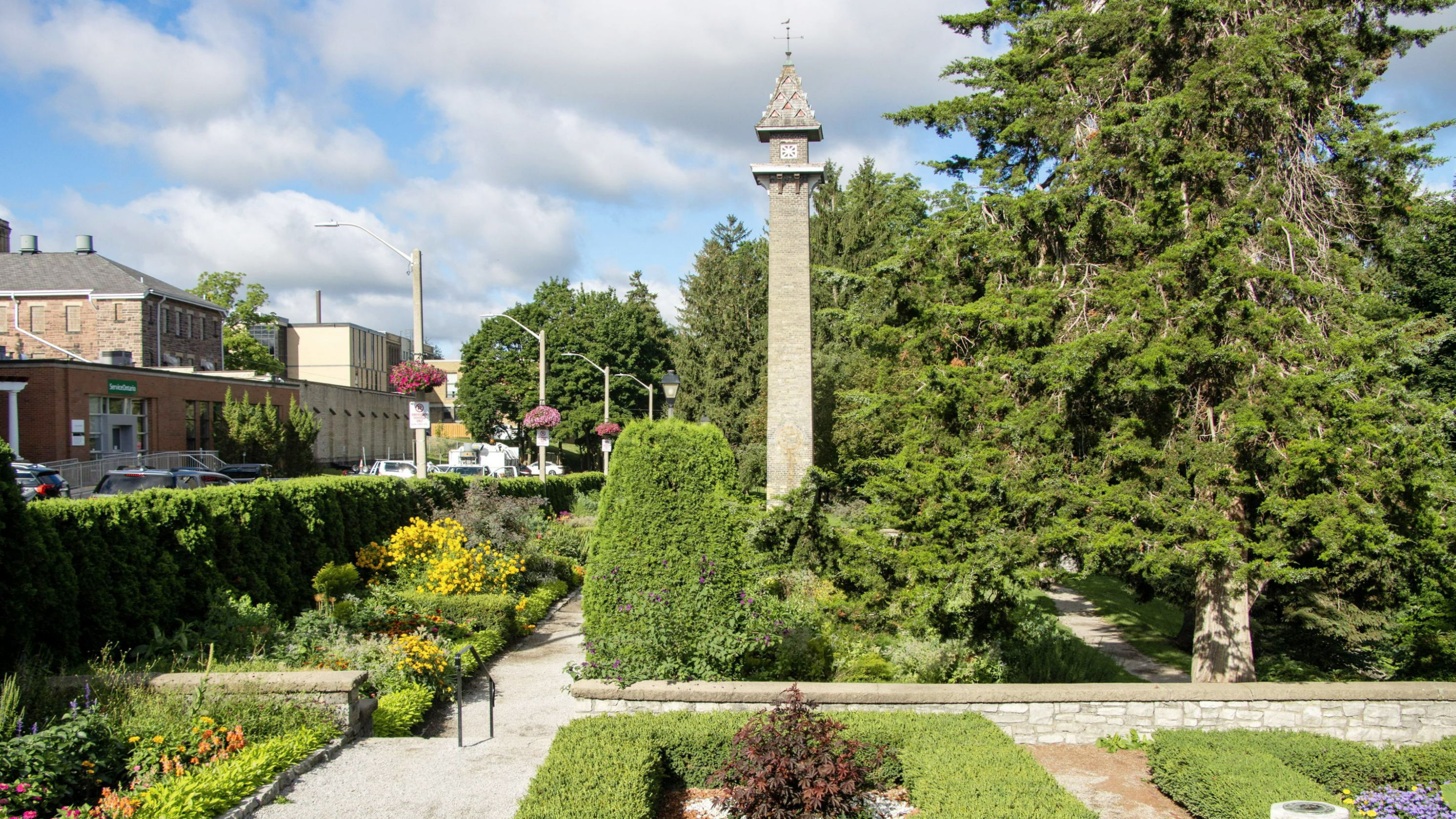 Lush green garden in the centre of city.