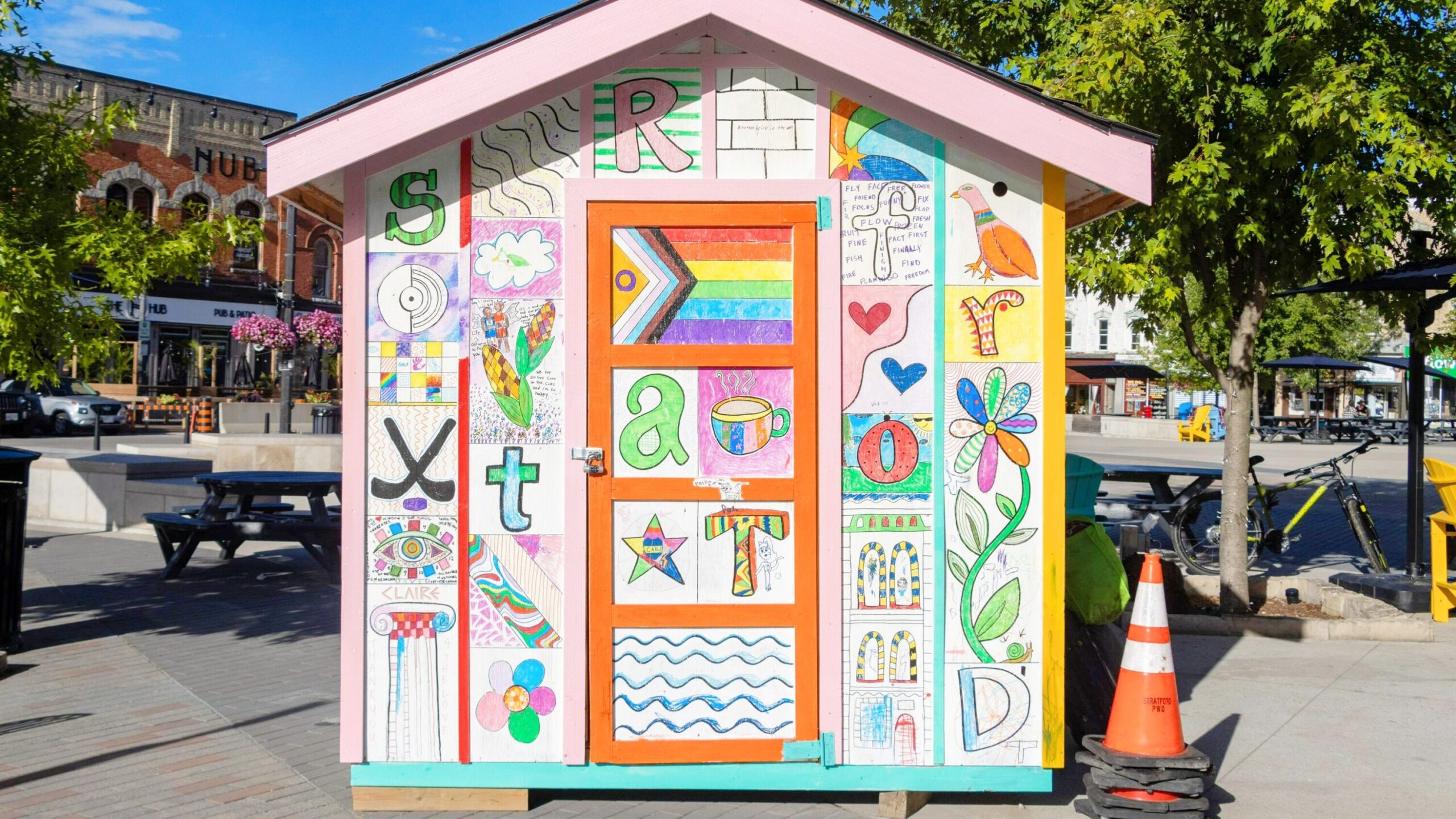 Shed painted in patterns and colours.