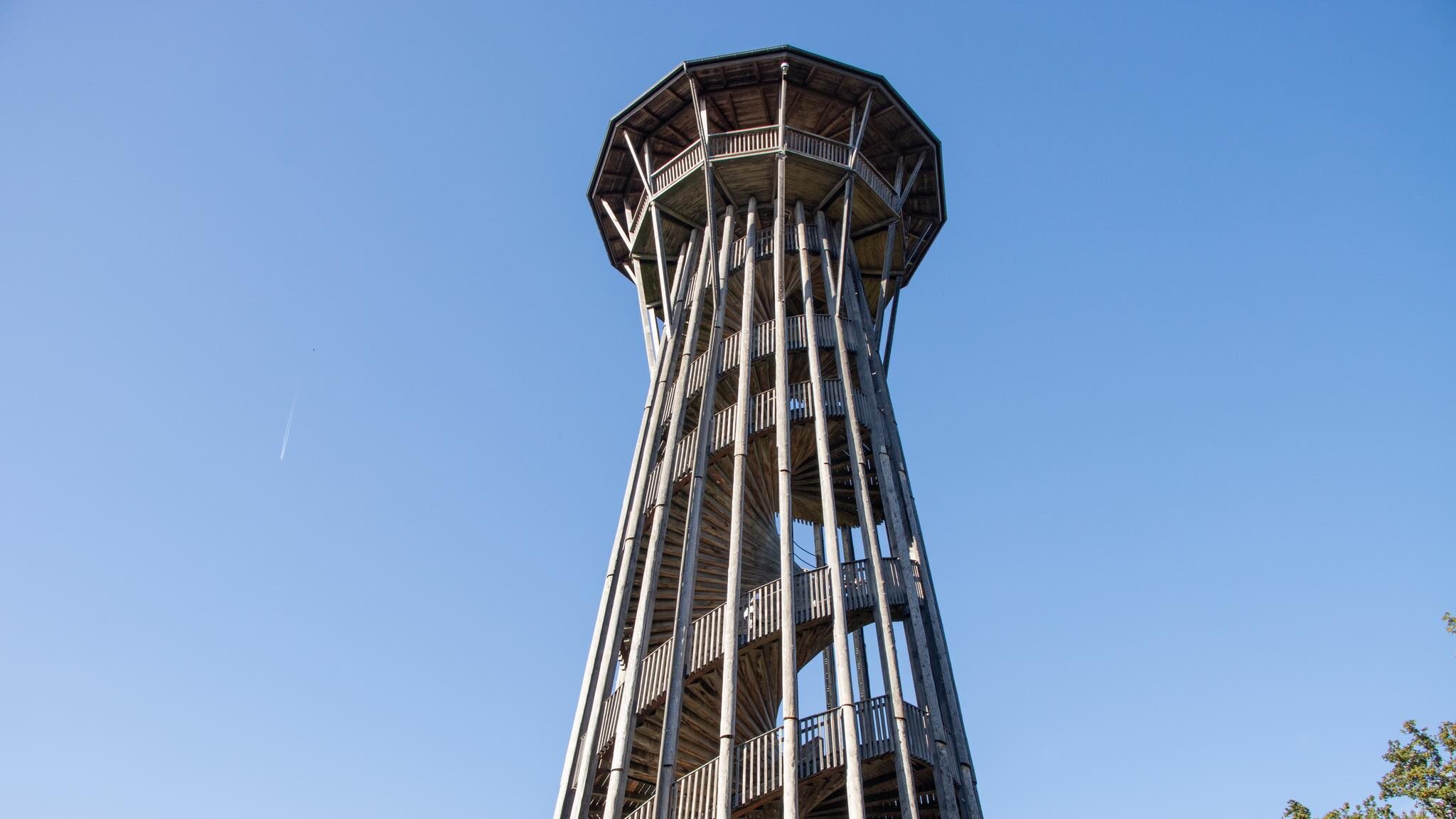 View of wooden tower from the ground.