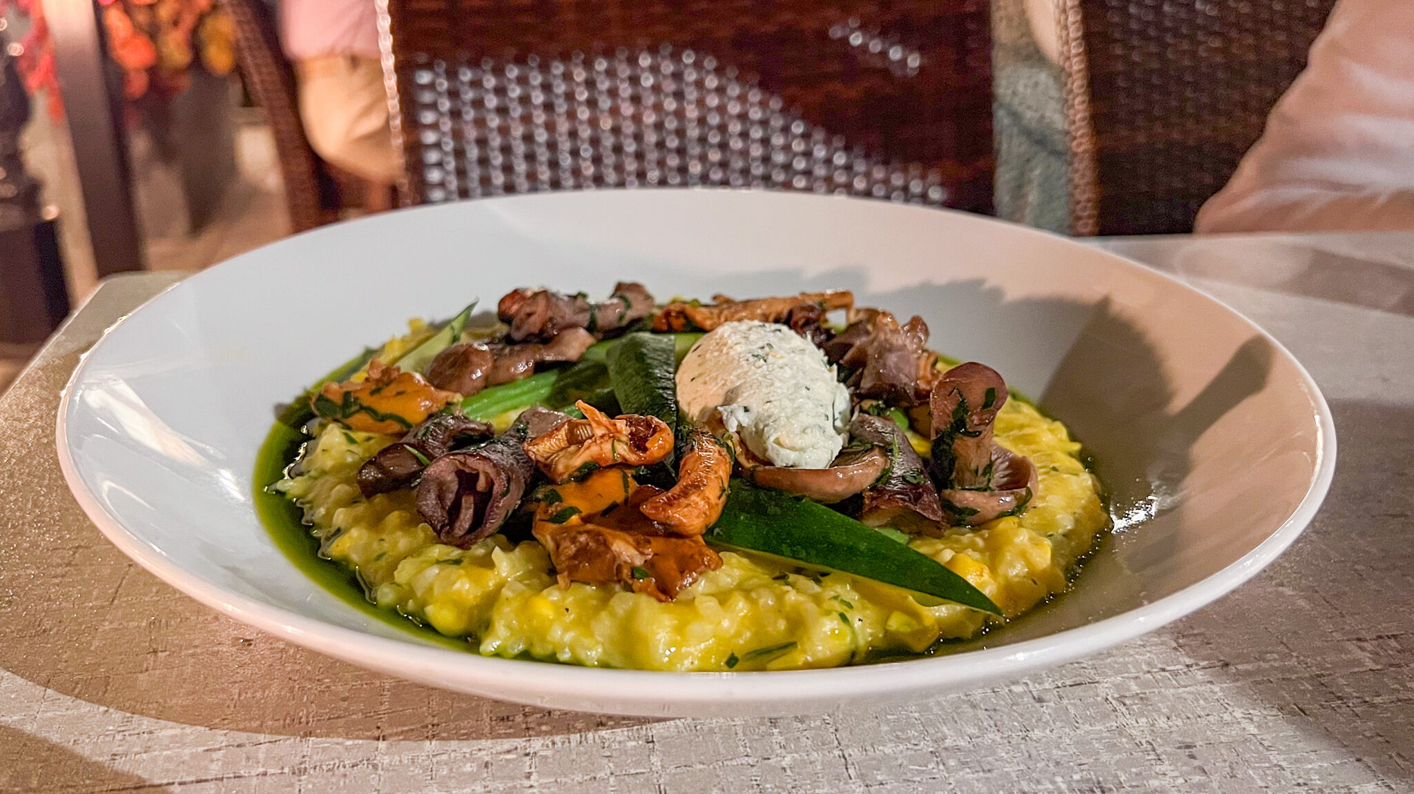 Dish of seasonal risotto with vegetables.