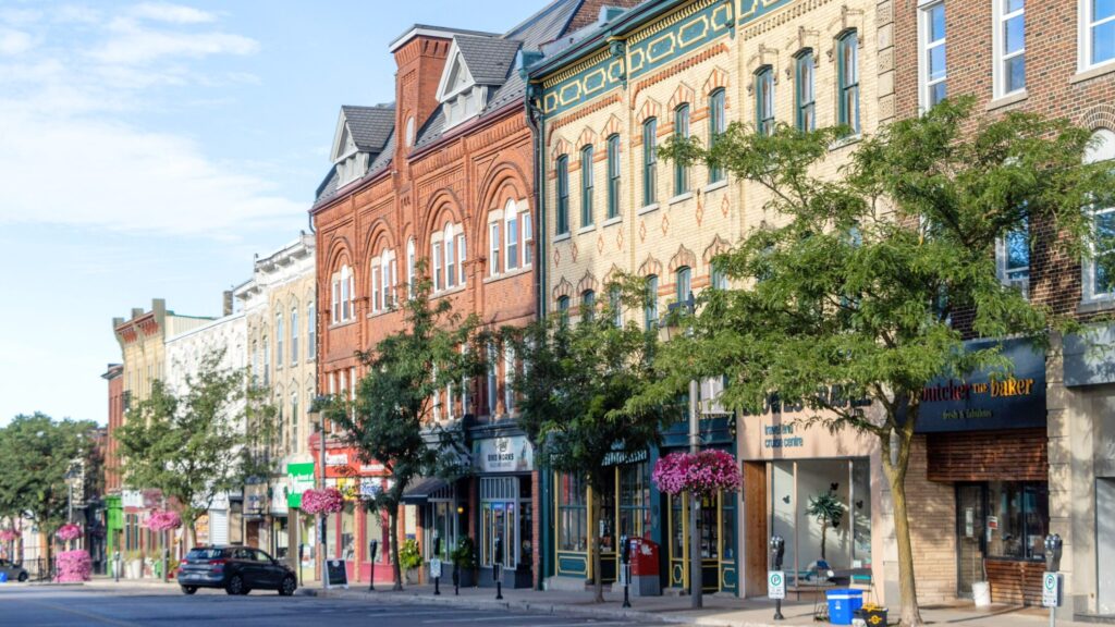 Street in Stratford lined with shops and restaurants.