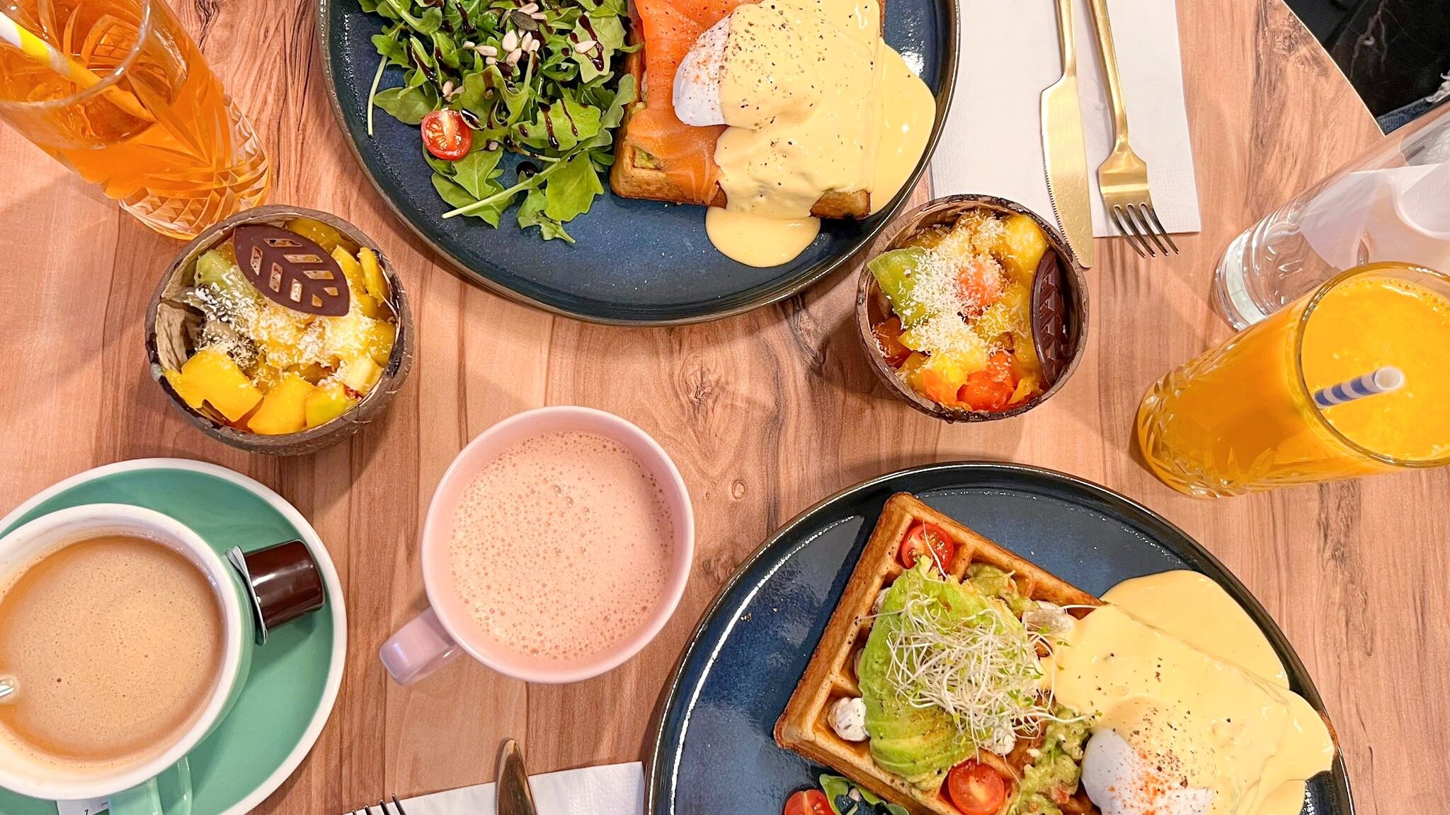 Selection of savoury waffles and juice one day in Geneva.