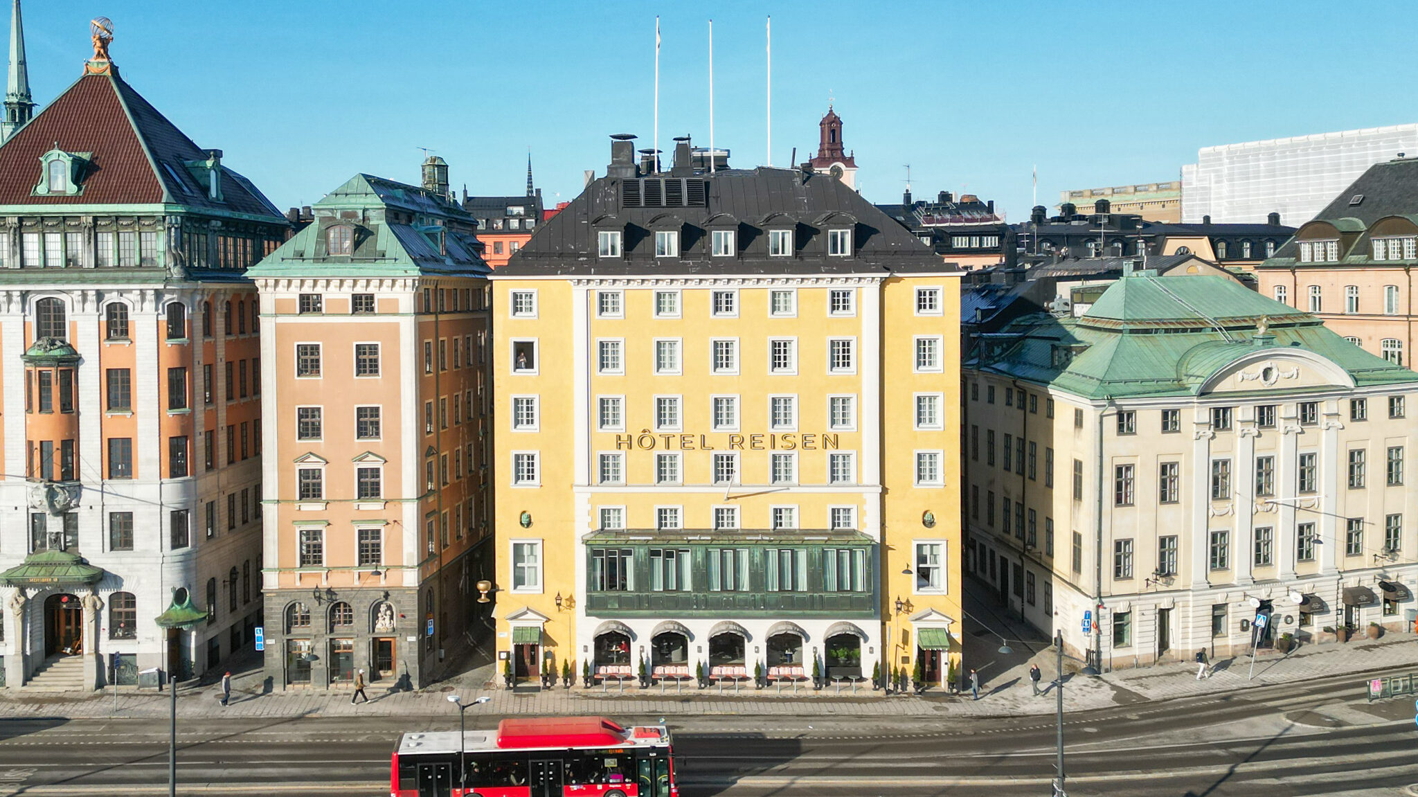 View of historic hotel from above in Gamla Stan.