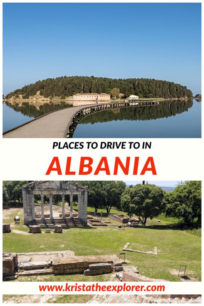 Island with bridge crossing to it and ancient Roman ruins.