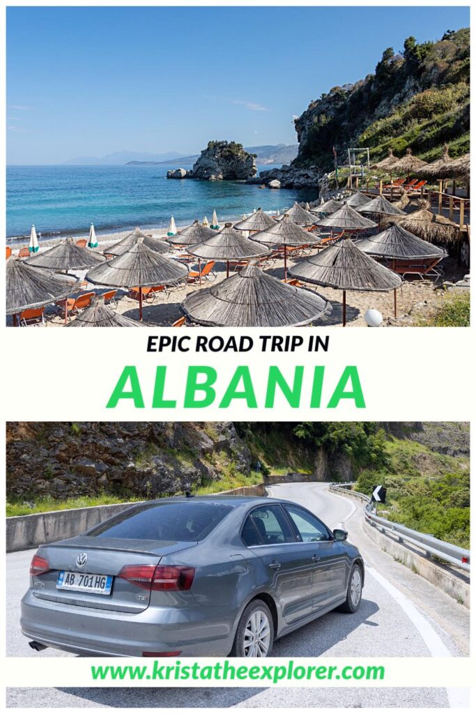 Small beach in Albania and car parked on road.