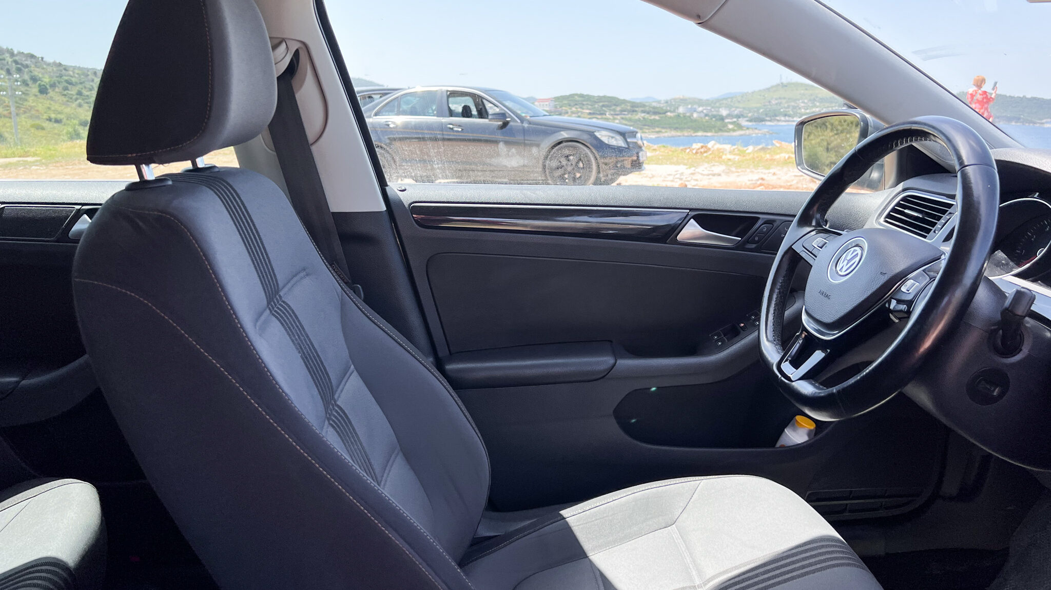 Interior of rental car in Albania.