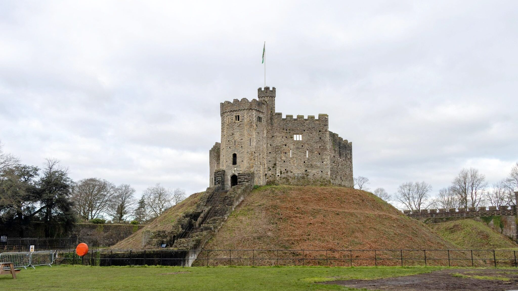 View of Cardiff Castle on hill.