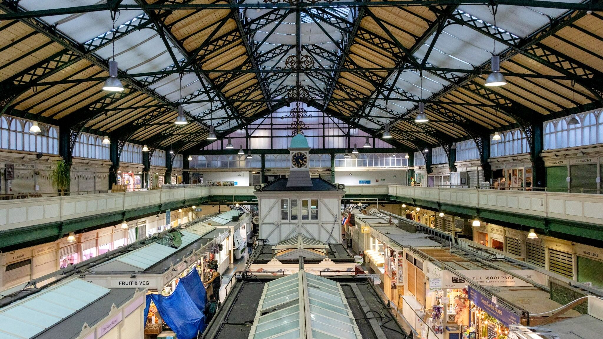 Inside Cardiff market at night.