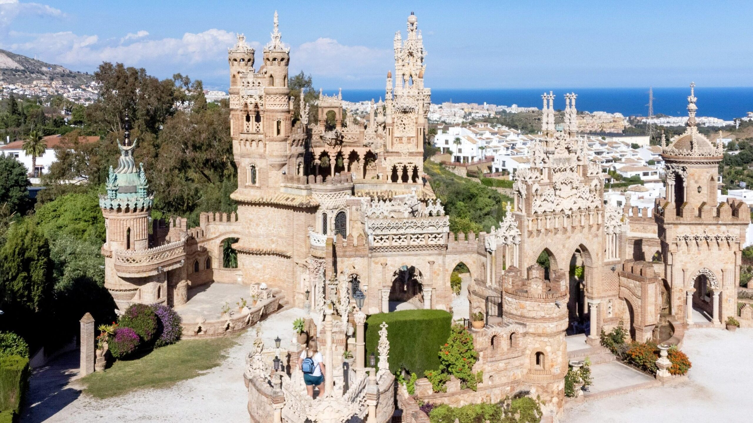 Aerial view of modern castle monument.