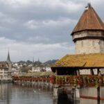 Covered bridge over river during 24 hours in Lucerne.