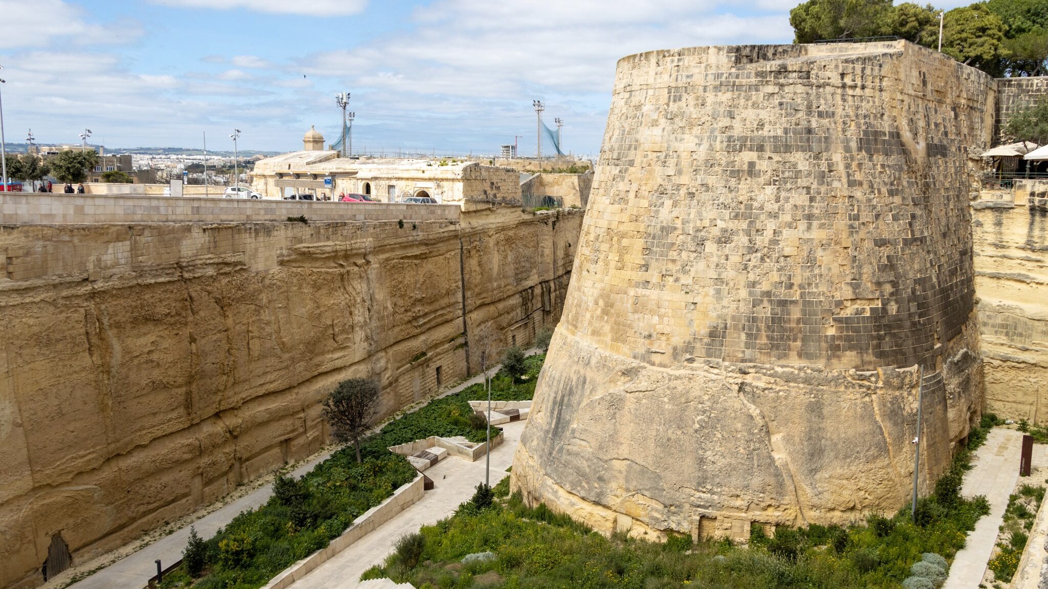 View of city walls and tower in Valletta.