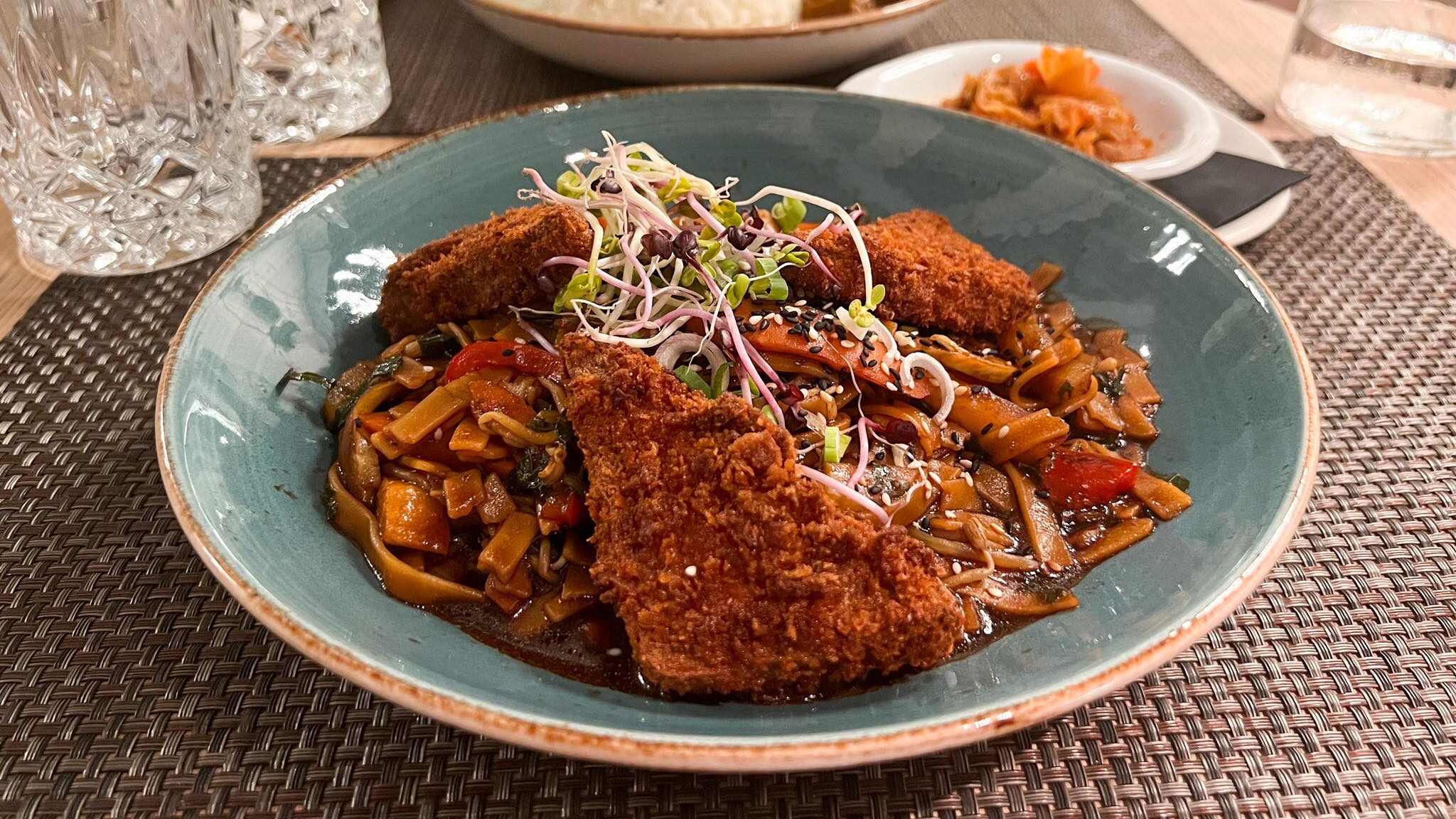 Bowl of noodles and crispy tofu.