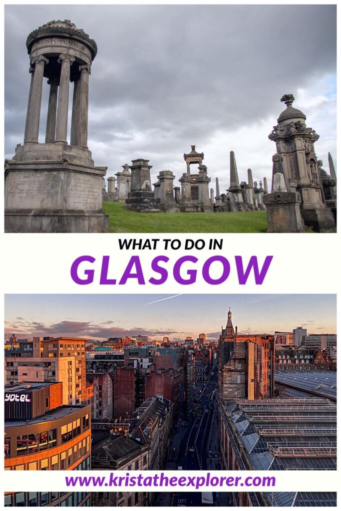 Glasgow Necropolis and view of Glasgow at sunset.