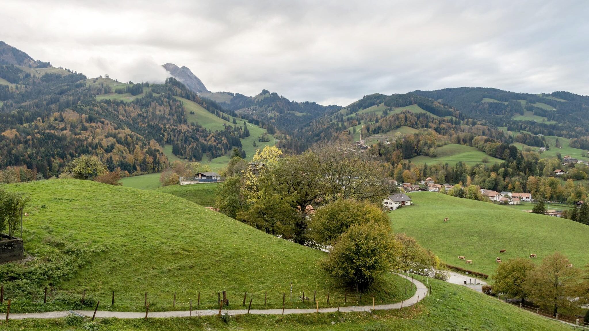 View of valley near sunset in Switzerland.