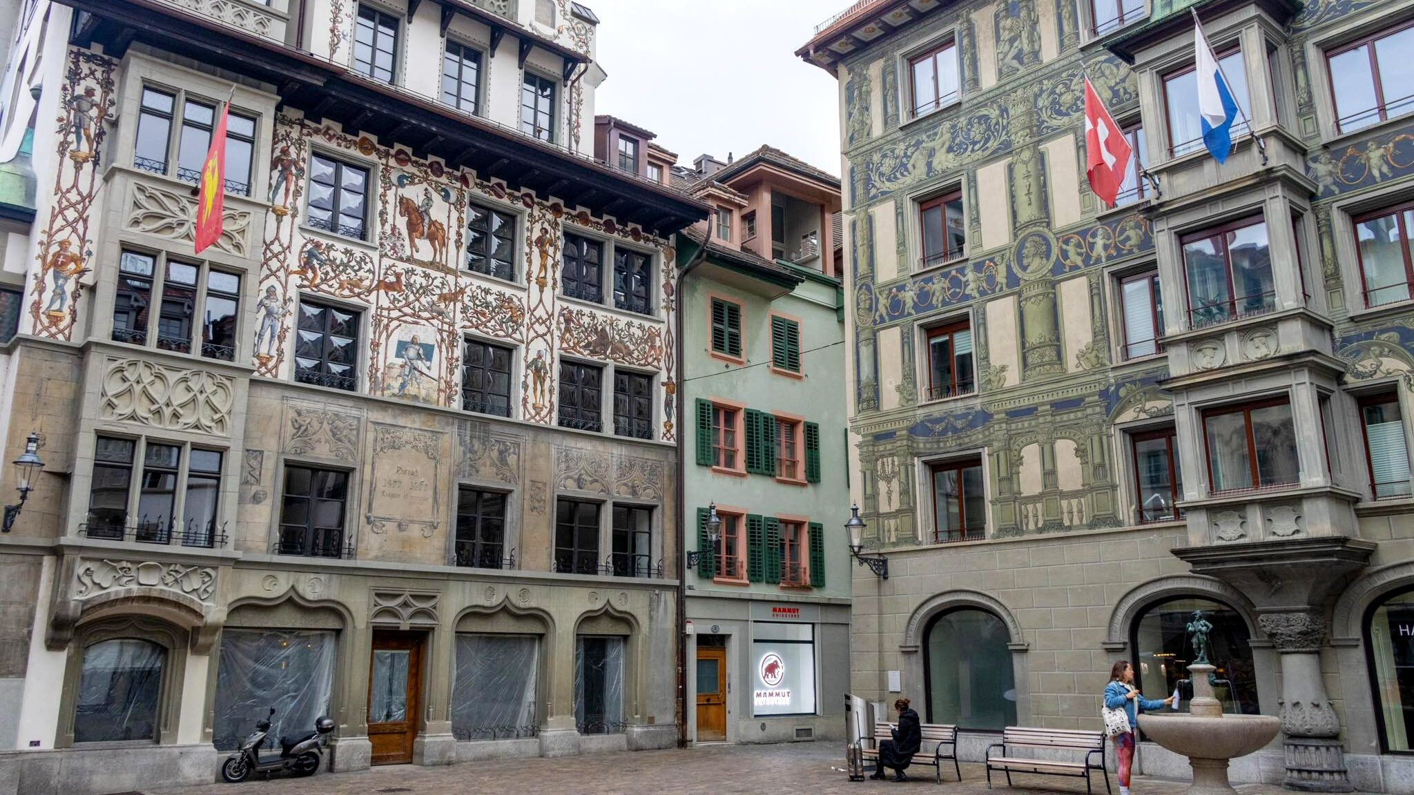 Square in Lucerne with colourful buildings.