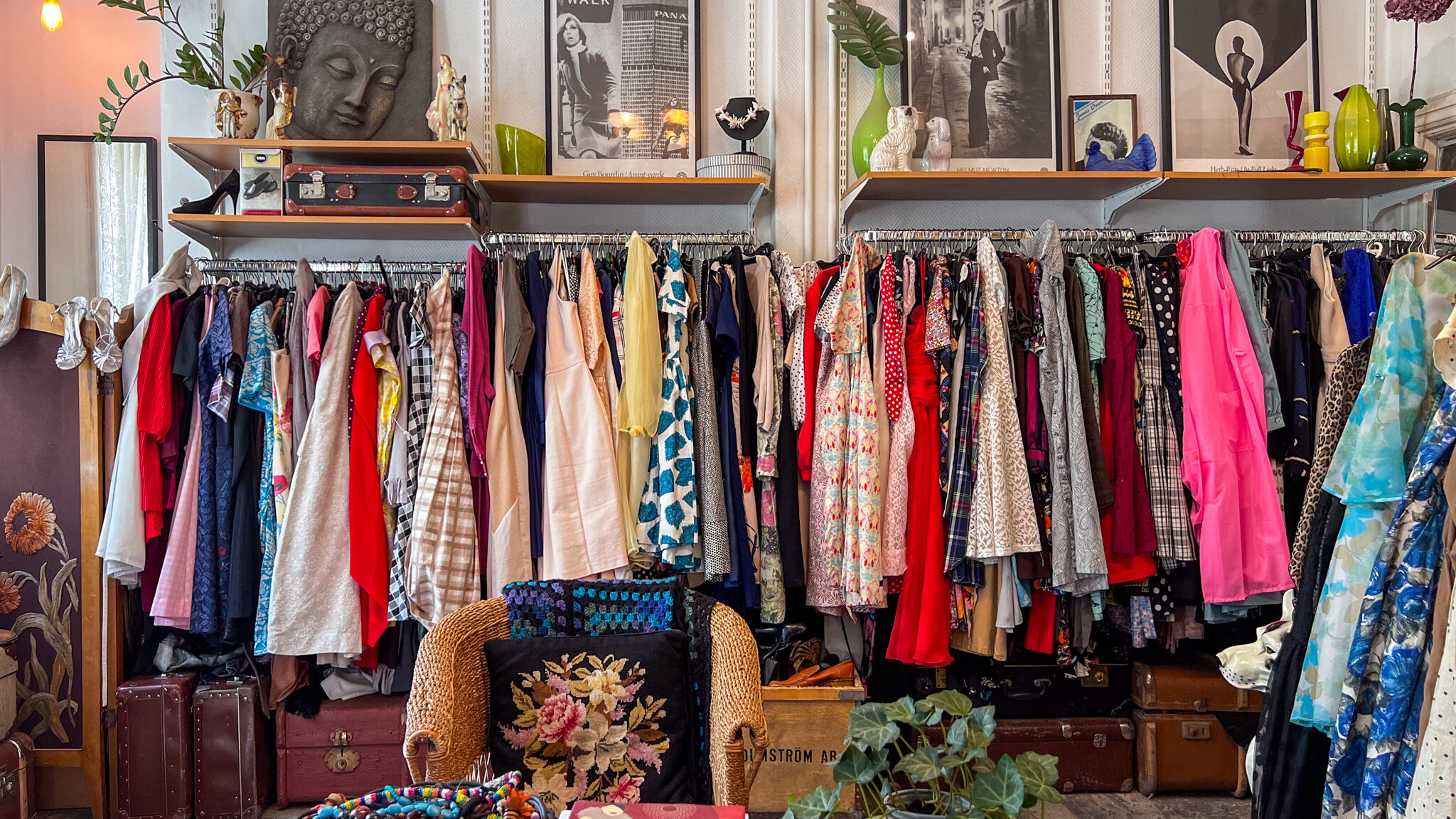 Rack of vintage clothes in shop.