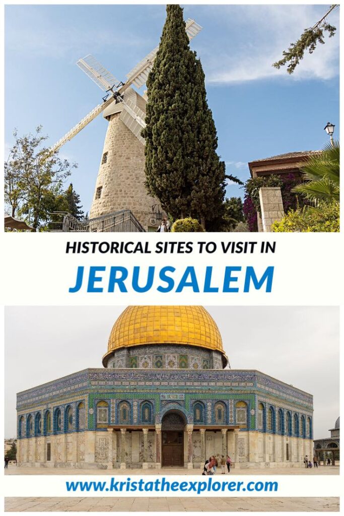 Windmill on hill and Dome of the Rock in Jerusalem.