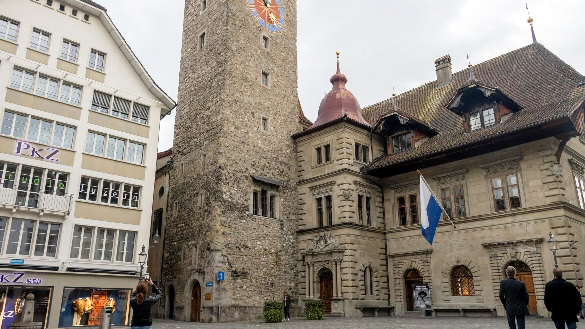 Medieval tower in square in Lucerne.