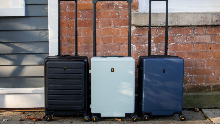 Three carry-on cases against wall LEVEL8 luggage review.