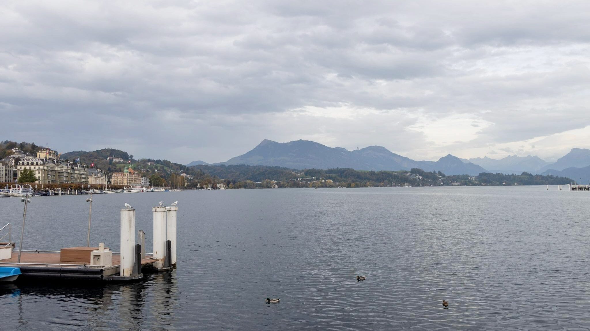 View of Lake Lucerne on cloudy day.