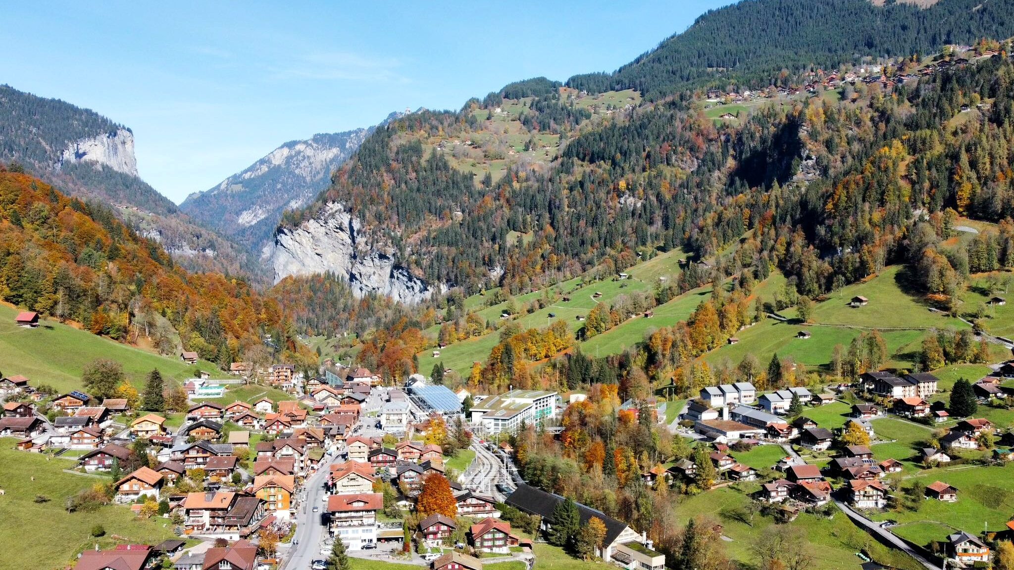 Aerial view of town in a valley.