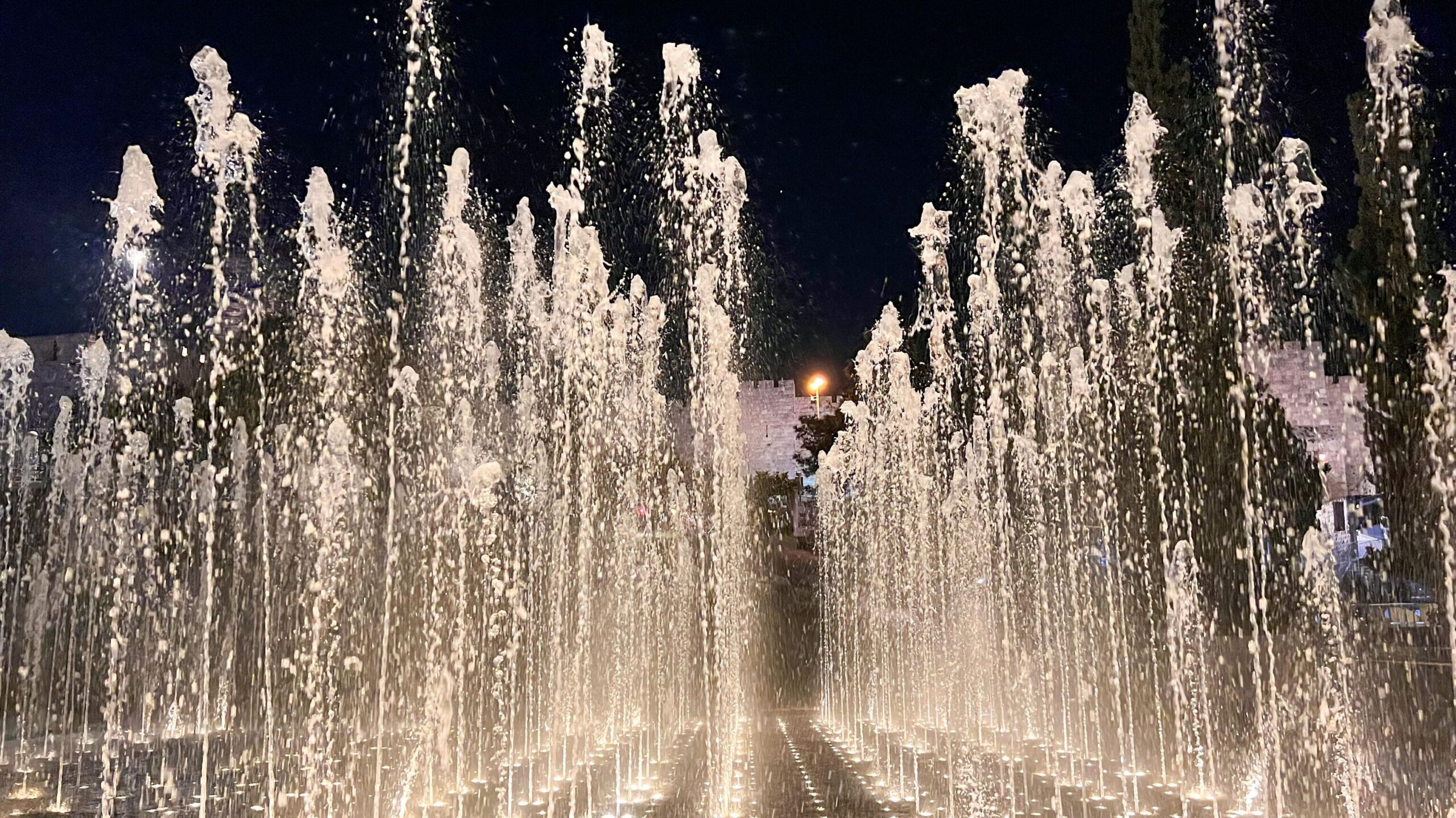 Fountain and light show in park. 