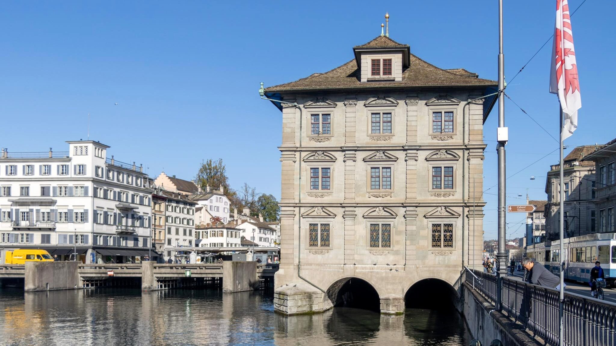 Building hanging from bridge in Zurich.