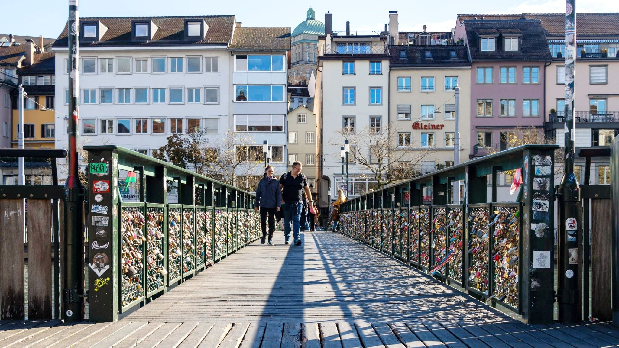 Iron bridge in Zurich with love locks.