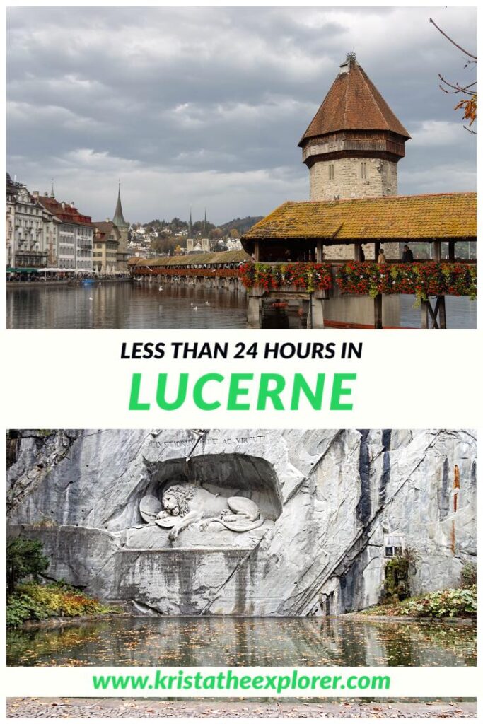 Covered bridge in Lucerne and stone lion sculpture. 