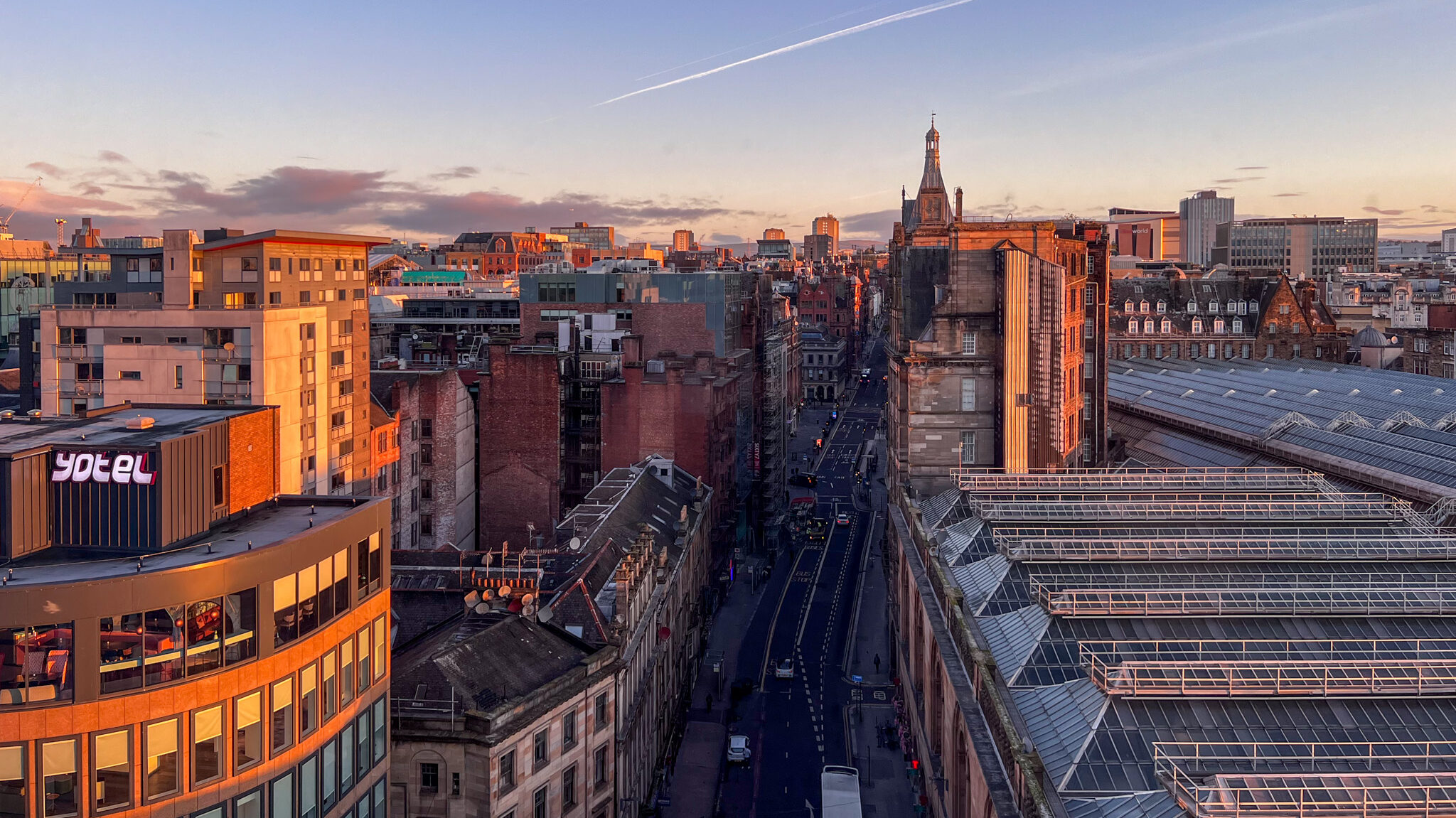 Sunset view of Glasgow from hotel room.