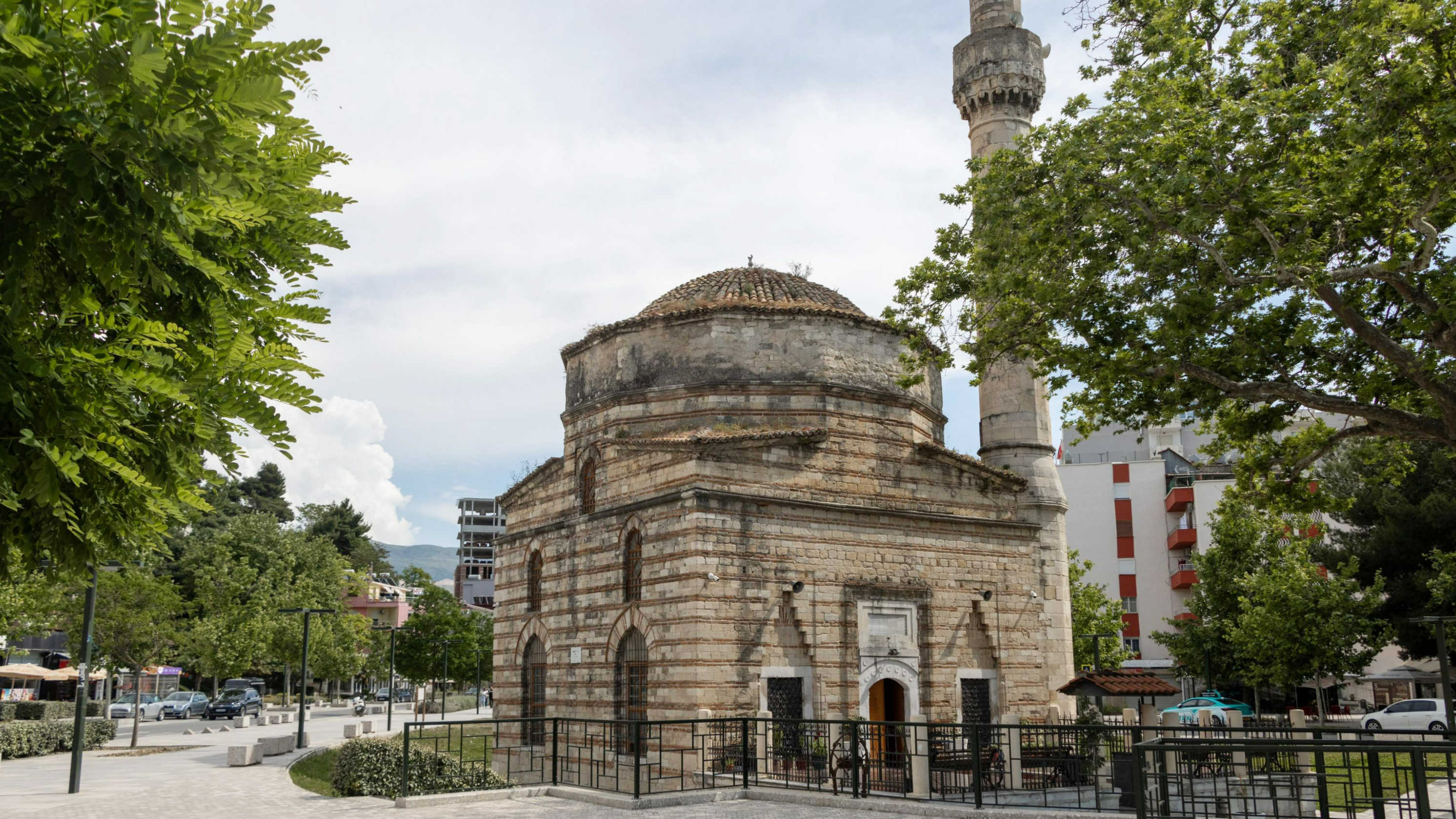 Medieval mosque with tall tower in Vlore.