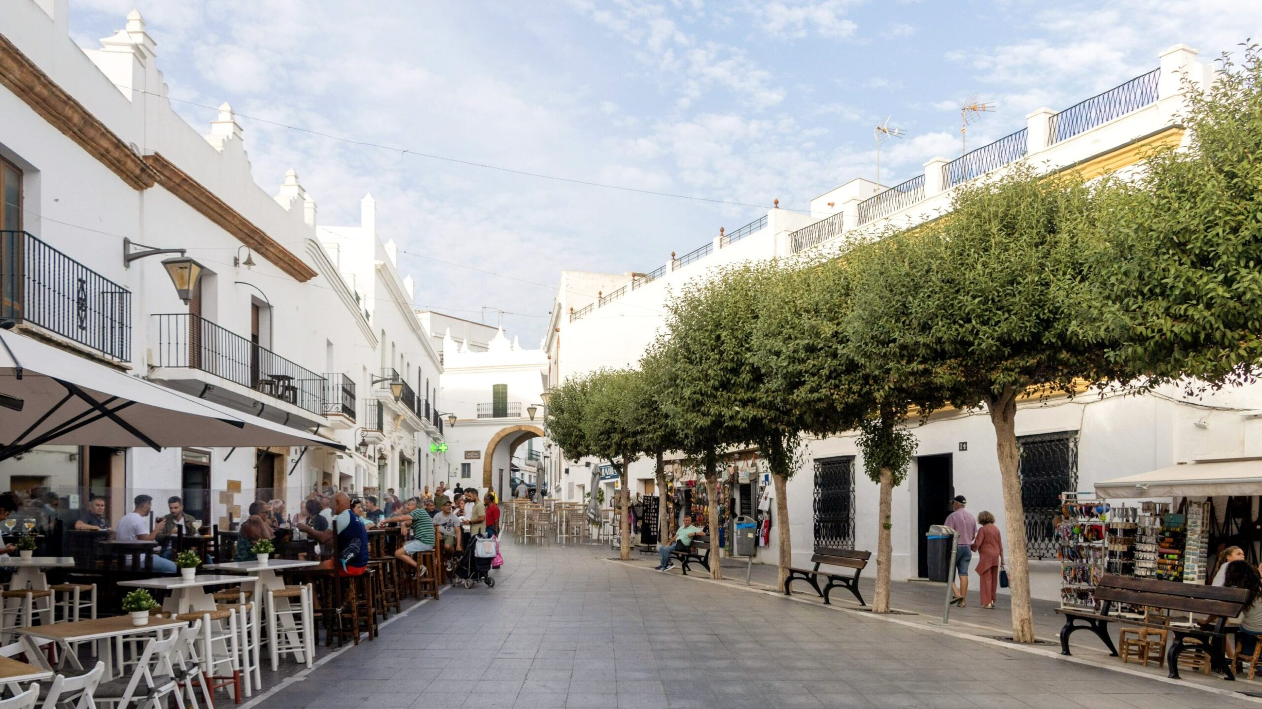 Small plaza in Conil with restaurants.