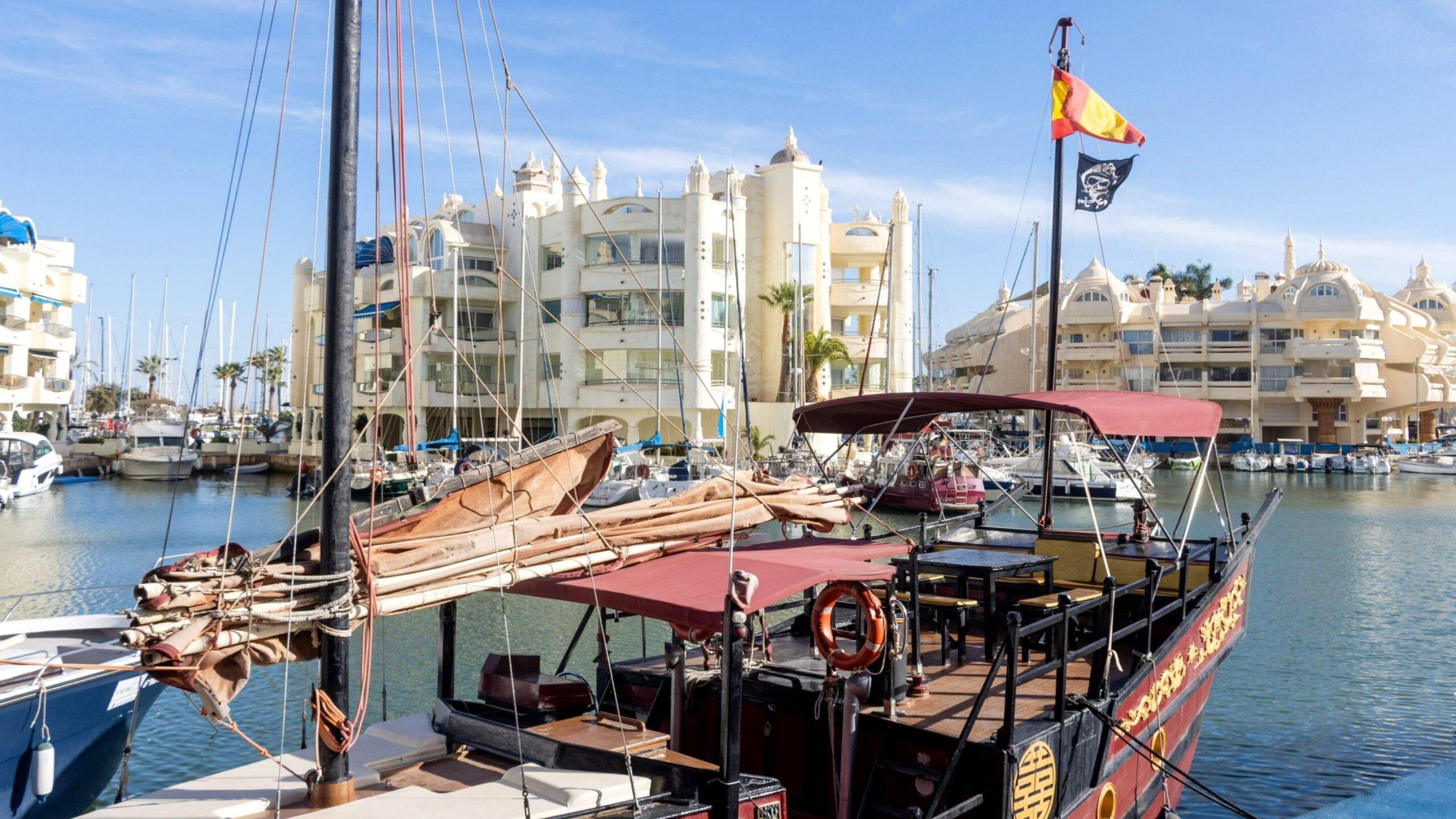 Pirate ship docked in harbour.