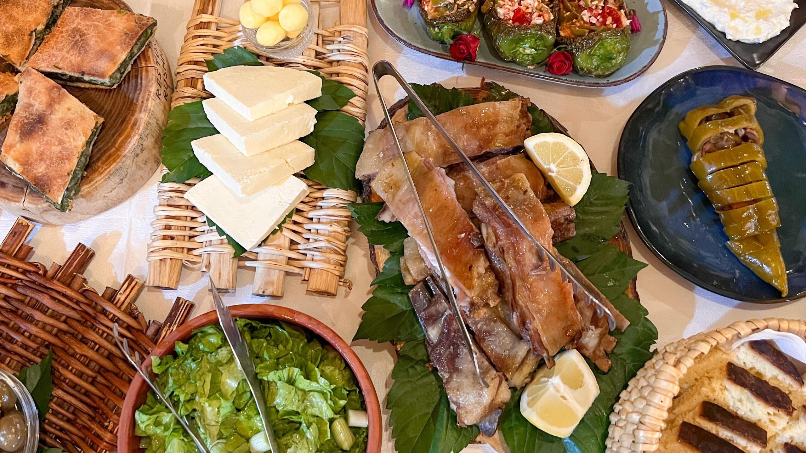 Table full of homemade Albanian food.