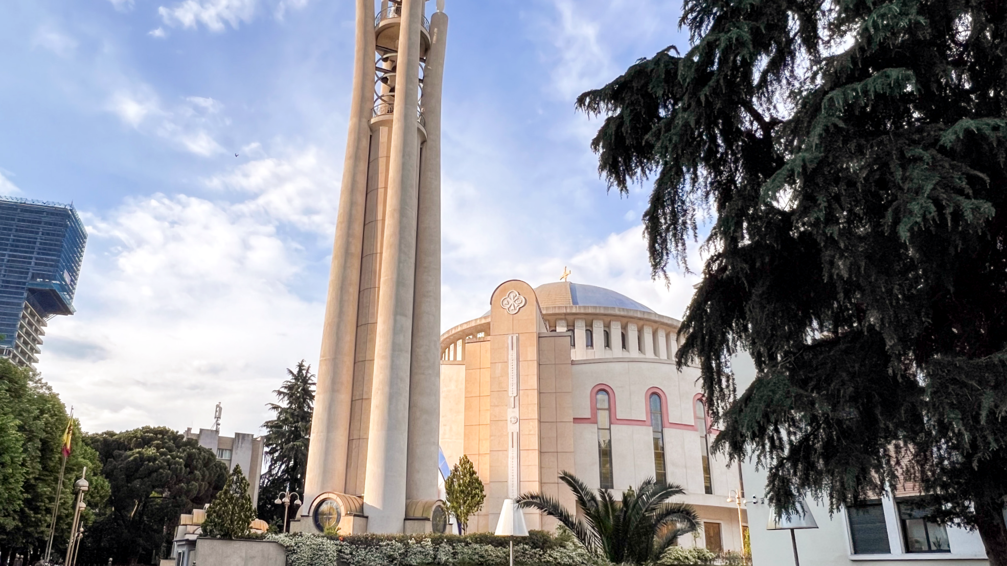 Cathedral in Tirana with tall modern tower.