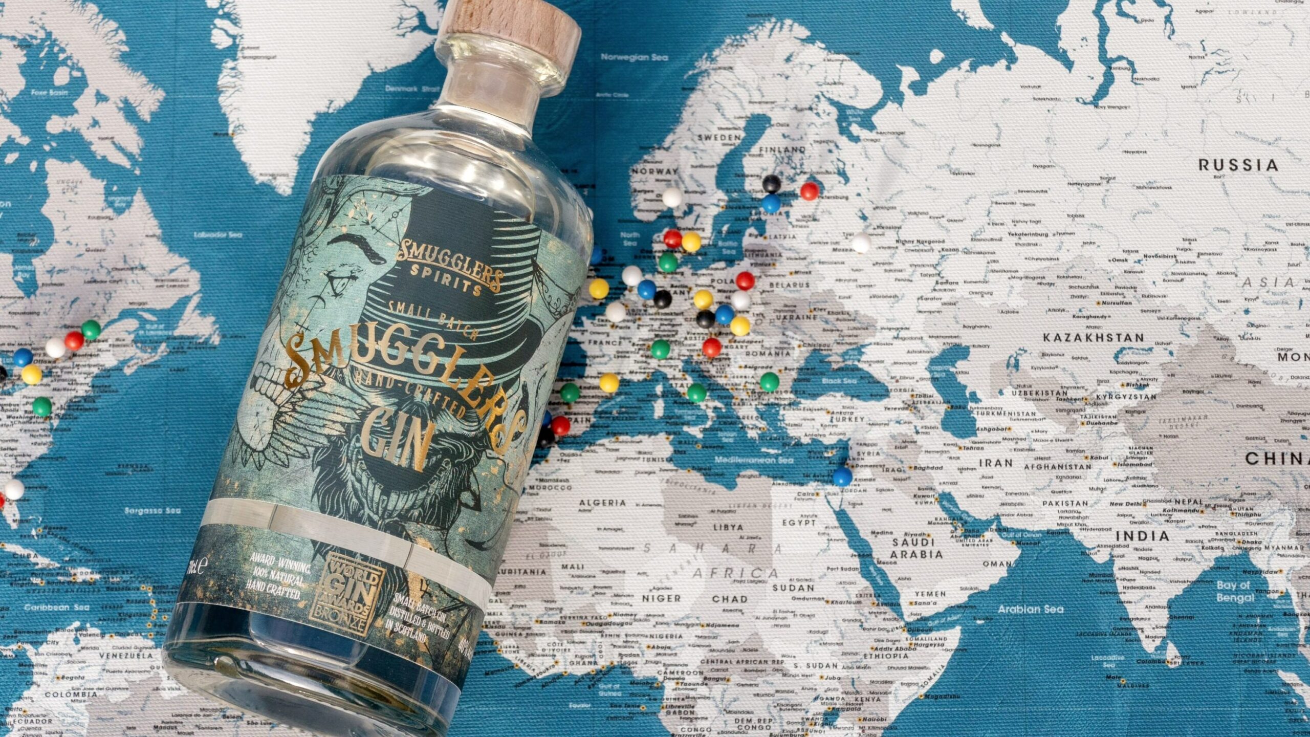 Bottle of gin from Edinburgh on pin map.